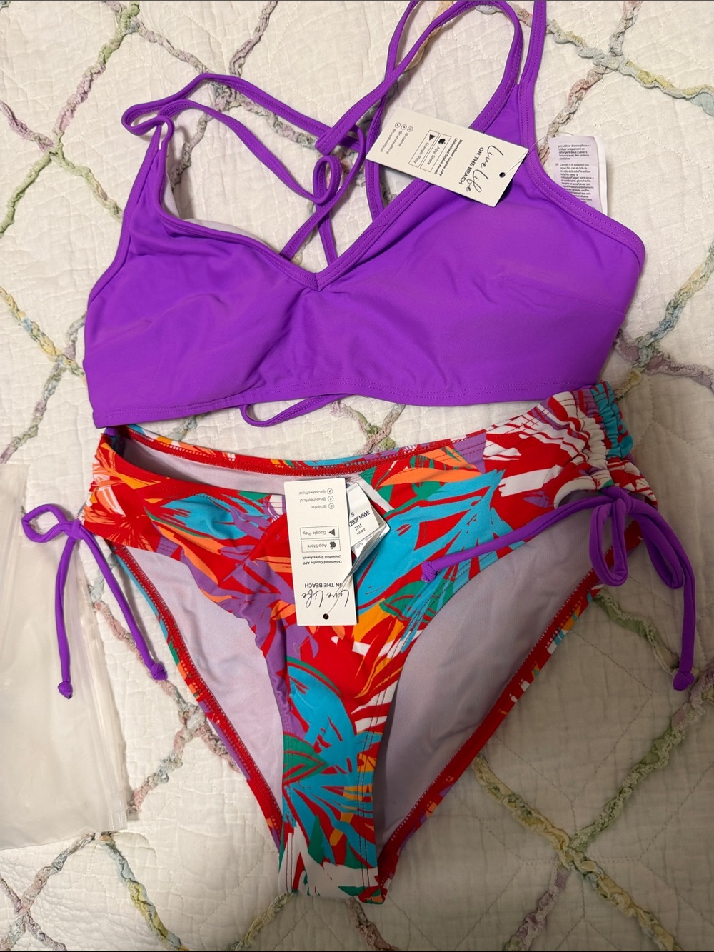 NWT Cupshe Purple Strappy Bikini Top with Red Tropical Print Bottoms
